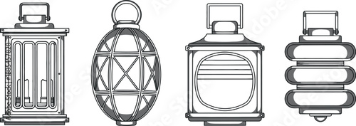 Detailed technical drawings of four distinct lantern designs isolated on transparent background