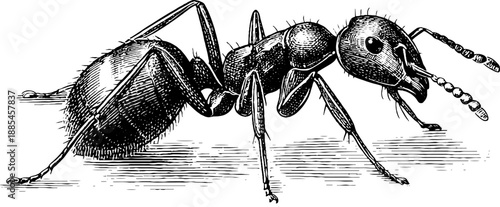 Vintage botanical engraving of worker ant insect - hand drawn etched illustration