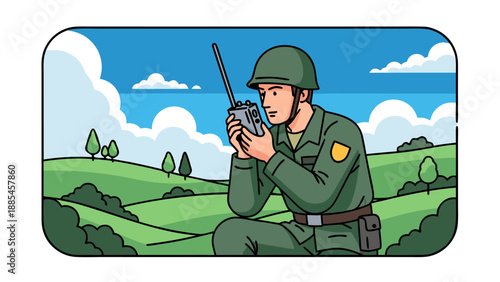 Vector illustration of a soldier communicating with a radio device in a serene landscape