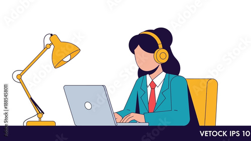 Woman Working on Laptop with Headphones.
