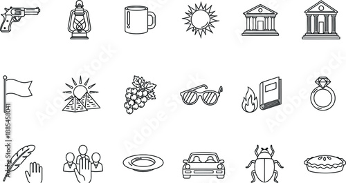 A collection of 16 black and white icons isolated on transparent background