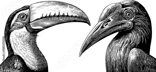 Vintage bird beak morphology study engraving of exotic birds from 19th century botanical art