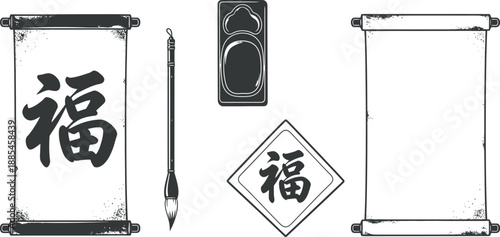 Black and white illustrations of chinese calligraphy and scrolls isolated on transparent background