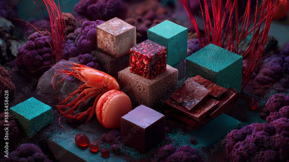 © Juan - Gourmet ingredients and exotic cubes for food product branding or creative culinary photography with luxurious color rich moody artistic vibe