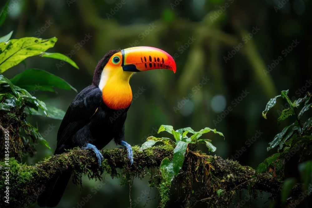 Fototapeta premium Brightly colored toucan with large orange beak perched on mossy branch surrounded by lush green leaves in vibrant tropical rainforest setting