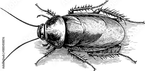 Vintage botanical engraving of cockroach insect in dorsal view - retro design for prints and labels