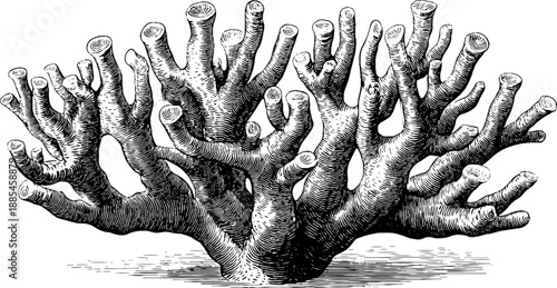 Detailed study of coral polyp anatomy in vintage botanical engraving from the 19th century