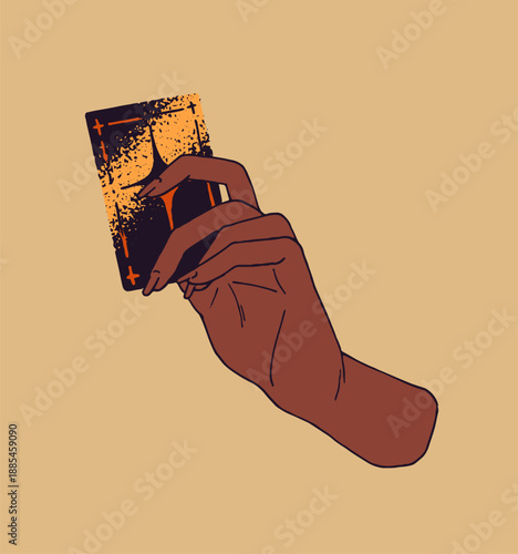 Black female hand holding magic tarot. African American woman is fortune telling. Esoteric, spiritual card for reading fate, doing mystic divination, prophecy. Flat isolated vector illustration