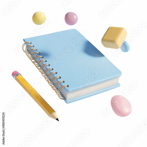 Light blue spiral notebook with a yellow pencil and floating pastel geometric shapes