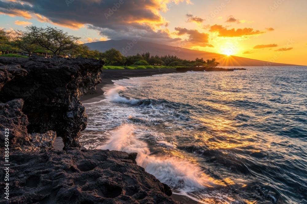 Naklejka premium Idyllic beach with black volcanic sand and rocky cliffs at sunset, waves crashing on shore, lush green trees, and mountain silhouette under colorful sky