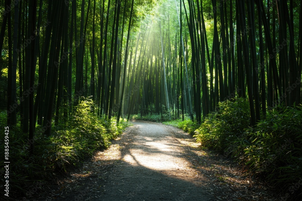 Obraz premium Idyllic bamboo forest path with sunlight streaming through tall green stalks creating peaceful and serene atmosphere in natural setting