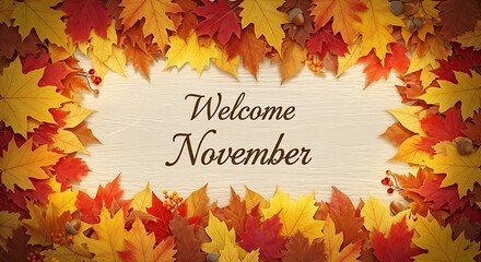 Autumnal welcome message surrounded by colorful leaves background design