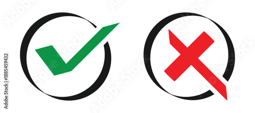 Tick and cross icon. Check mark and x button made with brush stroke. Transparent vector illustration