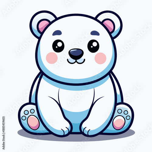 Polar bear cub illustration features a cute, friendly cartoon character sitting on a white background, perfect for children's designs and educational materials.
