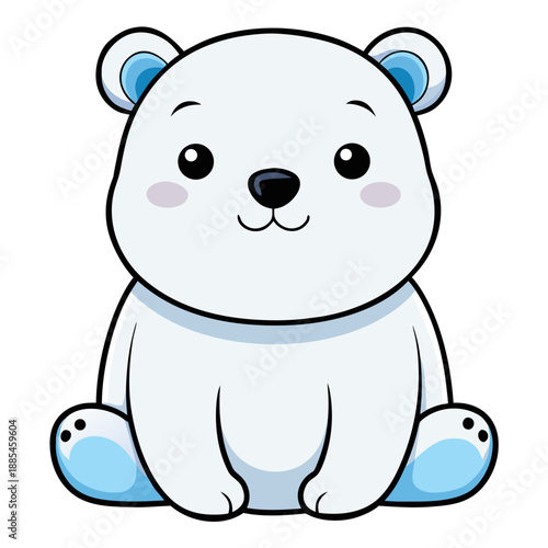A charming cartoon polar bear cub with big eyes sits cheerfully on a clean white background, radiating a friendly and innocent demeanor.