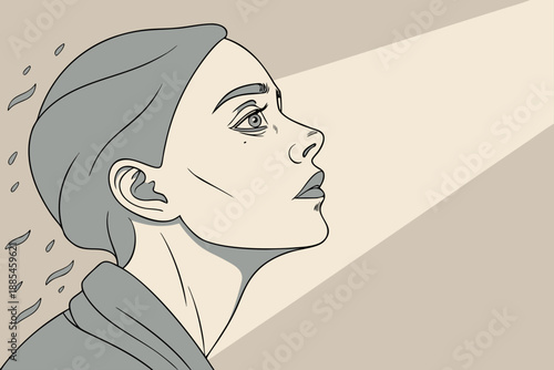A thoughtful woman looks upward toward a bright beam of light in a monochromatic illustration.