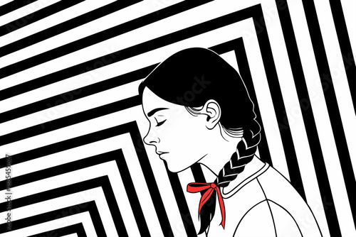 Girl with braided hair and a red ribbon closes her eyes, contemplating against a background of black and white geometric stripes.