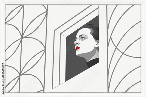 Woman with bright red lipstick gazes thoughtfully out of a geometric window frame in a grayscale setting.