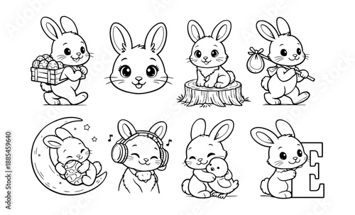 Collection of cute cartoon bunnies in various adorable poses and activities