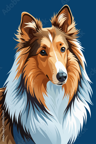 Rough Collie dog portrait features rich brown and white fur against a deep blue background.