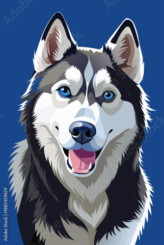 Siberian Husky dog shows a wide smile with bright blue eyes and distinctive black and white markings against a saturated blue field.