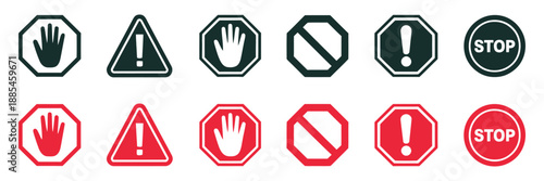 Red stop sign icon set featuring stop hand sign, warning, attention, prohibition, danger, alert, and road symbols, vector illustration isolated on white background for transportation