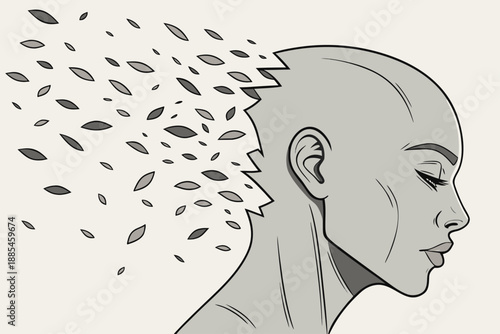 Person's head in profile with eyes closed, depicting the back of the skull disintegrating into numerous small leaves, symbolizing memory loss or mental transformation.