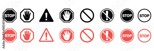 Red stop sign icon set, stop sign with hand, warning sign, attention, prohibition, danger, alert, and road sign, vector illustration