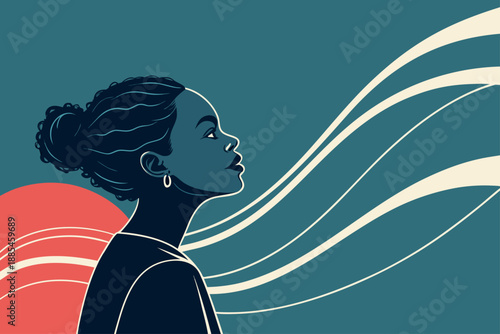 Woman with her hair in a bun looks upwards, contemplating against a teal background with abstract white and red wavy lines.