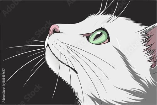 White cat with bright green eyes looks upwards, its whiskers prominent against a dark, minimalist background.