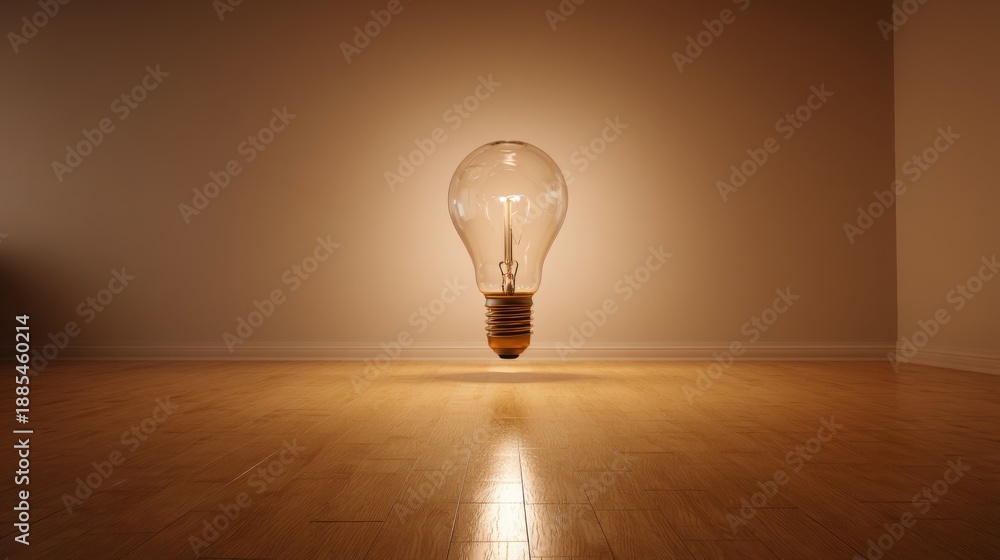 Fototapeta premium Floating Light Bulb Illuminating Warm Room with Wooden Floor Showcasing Creativity and Innovative Design in Contemporary Interior Decor