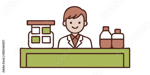 A smiling pharmacist in a white coat standing behind a counter with shelves of medicine in the background. Professional and welcoming.