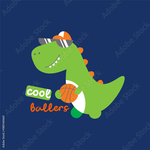 dino playing baskete ball team hand drawn illustration graphic drawning vector 