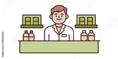 A smiling pharmacist in a white coat standing behind a counter with shelves of medicine in the background. Professional and welcoming.