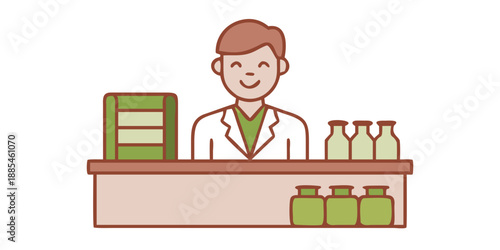 A smiling pharmacist in a white coat standing behind a counter with shelves of medicine in the background. Professional and welcoming.