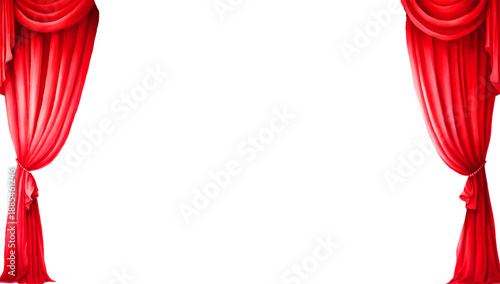 Elegant red velvet curtains frame the theater stage. Perfect backdrop for Broadway drama, comedy performances or film productions in soft tones. Vector illustration.