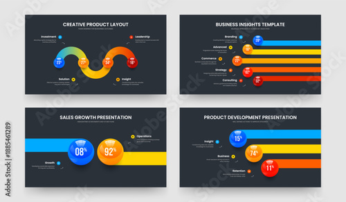 Minimal Showcase Four Five Two Three Step Graph Slide Design Vector Illustration Bundle. Company Report 4 5 2 3 Element Chart Slideshow Layout Set.