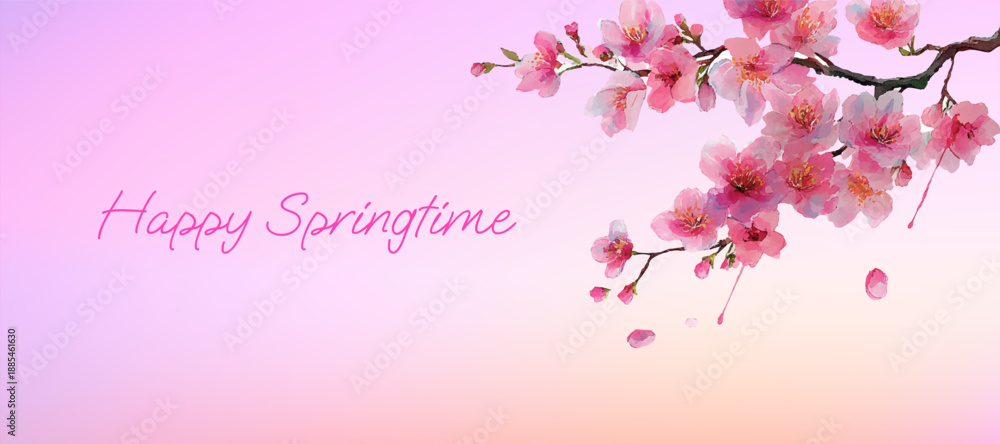 Fototapeta premium Hello Spring. Spring banner with sakura branch. Watercolor spring flowers with pink sakura flowers for a floral banner design. 