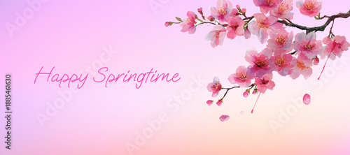 Hello Spring. Spring banner with sakura branch. Watercolor spring flowers with pink sakura flowers for a floral banner design. 