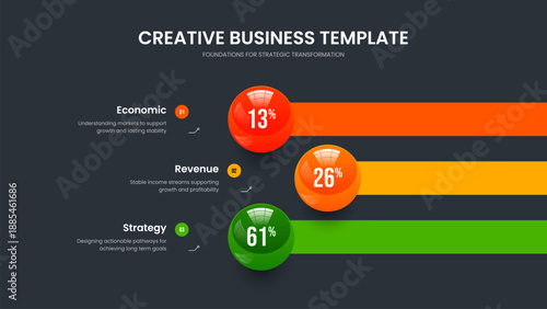 Creative Launch 3 Element Diagram Frame Layout. Product Showcase Slide Design Vector Illustration. Advertising Campaign Three Step Infographic Slideshow Template.