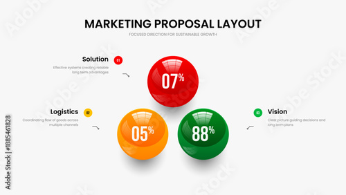 Corporate Launch Slide Design Vector Illustration. Consulting Strategy 3 Step Infographic Presentation Template. Minimalist Growth Three Element Graph Slideshow Layout.