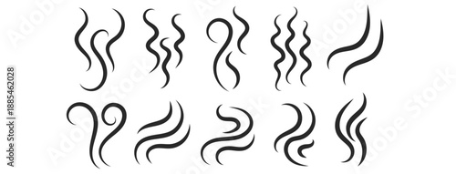 Set of hot steam and smoke icons with aroma waves. Sketch style logos for coffee aroma, heat steam and fresh air swirls in icon silhouettes. Vector illustration.