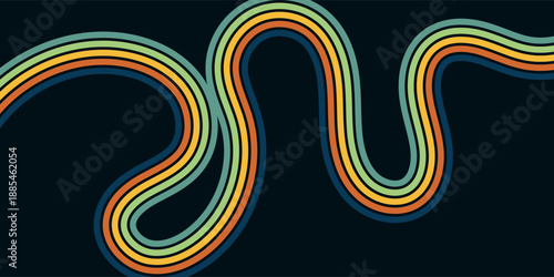 Abstract colorful 70s background vector. Vintage retro wallpaper with rainbow stripes and wavy lines. A 1970 color illustration suitable for posters, banners, decorative items and wall art.