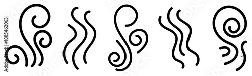 Hand-drawn steam icons with swirling smoke lines. Doodle scent symbols for hot coffee, cooking vapor, and aroma effects in vector outline style. Vector illustration.