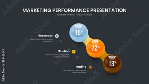 Creative Portfolio Slideshow Design Vector Illustration. Company Introduction 3 Step Diagram Slide Template. Project Launch Three Element Infographic Presentation Layout.