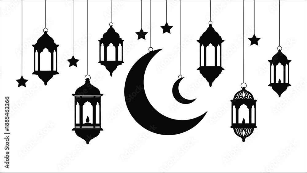 Fototapeta premium Elegant ramadan decorations featuring crescent moon and hanging black lanterns