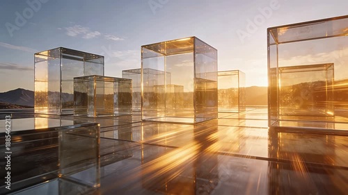 Transparent glass cubes reflecting sunset light over mountains