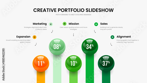 Simple Portfolio 5 Option Infographic Slideshow Template. Minimal Review Five Step Chart Presentation Design. Investor Insight Slide Layout Vector Illustration.