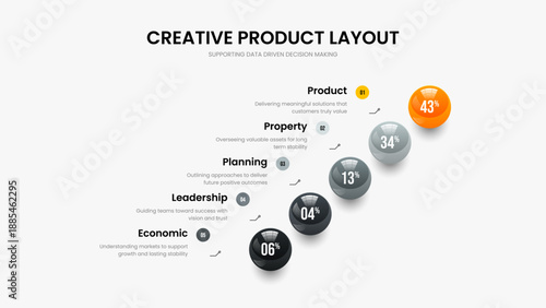 Clean Proposal Five Element Graph Slideshow Layout. Corporate Growth 5 Step Infographic Slide Template. Minimal Briefing Frame Design Vector Illustration.