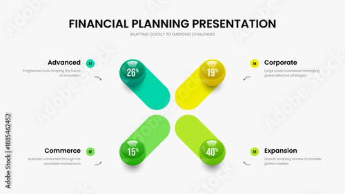 Colorful Planning Four Step Diagram Slide Layout. Sales Showcase 4 Option Chart Frame Template. Business Portfolio Presentation Design Vector Illustration.